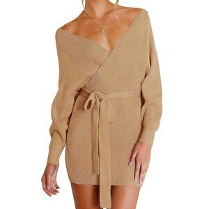 Tan Batwing Sleeve Belted Sweater Dress